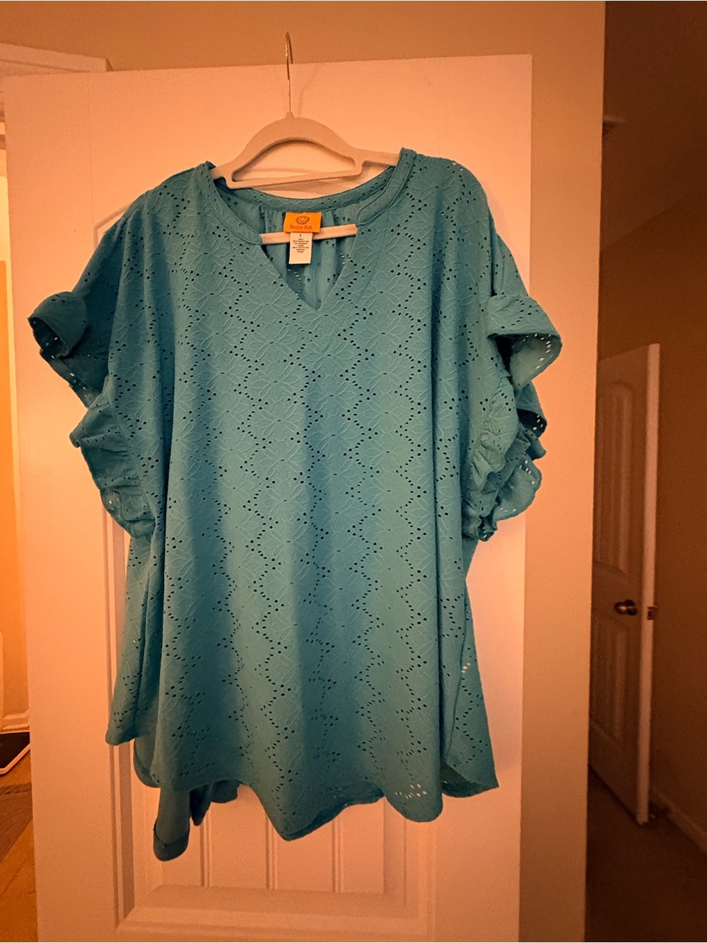 Ruby Rd. Turquoise Eyelet V-Neck Tunic with Ruffle Sleeves